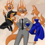  4_fingers absurd_res anthro breasts canid canine clawed_fingers claws cleavage clothed clothing diane_foxington dreamworks eyewear female fingers fox fur glasses hexecat hi_res mammal necktie open_mouth open_smile orange_body orange_fur pink_nose rubber rubber_clothing rubber_suit smile solo suit teeth the_bad_guys tongue 