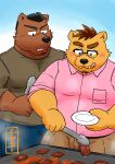  2022 absurd_res anthro black_nose bottomwear brown_body ch_ia_ki clothing cooking duo food hi_res humanoid_hands kemono male mammal overweight overweight_male pants shirt tongue tongue_out topwear ursid 