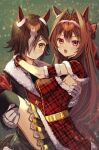  2girls :o animal_ears antenna_hair arms_around_neck black_thighhighs blush breasts brown_hair carrying christmas commentary_request daiwa_scarlet_(scarlet_nuit_etoile)_(umamusume) daiwa_scarlet_(umamusume) fur-trimmed_sleeves fur_trim gloves hair_intakes hair_over_one_eye highres horse_ears horse_girl large_breasts long_sleeves looking_at_viewer multicolored_hair multiple_girls princess_carry red_eyes short_hair streaked_hair thighhighs tiara umamusume vodka_(nonfreezing_aqua_vitae)_(umamusume) vodka_(umamusume) white_gloves white_hair xx_momomo_xx yellow_eyes 