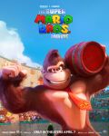  animal_focus brown_eyes clenched_hand copyright_name crowd diddy_kong dixie_kong donkey_kong english_commentary gorilla highres holding_barrel key_visual logo looking_at_viewer mario_(series) necktie official_art promotional_art red_necktie smile solo_focus the_super_mario_bros._movie 