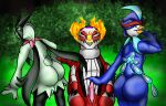  absurd_res butt demoniccat1 fire fluffy fluffy_tail genitals group hi_res male male/male meowscarada nintendo penis pokemon pokemon_(species) quaquaval skeledirge trio video_games 