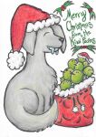  2022 3_toes ambiguous_gender beak canid canine canis christmas christmas_clothing christmas_headwear clothing colored_pencil_(artwork) complete_apathy domestic_dog english_text eyes_closed feet feral fur group hat headgear headwear hi_res holidays mammal mouth_closed sack santa_hat shaded sitting snout standing text toes traditional_media_(artwork) 