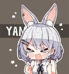  &gt;_&lt; 1girl animal_ear_fluff animal_ears bare_shoulders black_ribbon blush chibi choker clenched_hands closed_eyes collared_shirt commentary cross cross_earrings crying ear_piercing earrings english_commentary extra_ears frilled_shirt frills grey_background grey_hair hair_ornament hikimayu hololive jewelry kukie-nyan necklace open_mouth piercing pointy_ears rabbit_ears ribbon romaji_text shirt short_hair simple_background sleeveless solo thick_eyebrows usada_pekora virtual_youtuber white_shirt 
