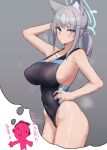 1boy 1girl ^_^ alternate_breast_size animal_ear_fluff animal_ears aqua_eyes arm_up bangs blue_archive blush breasts cleavage closed_eyes commentary_request competition_swimsuit grey_hair hair_ornament halo hand_on_hip heart highleg highleg_swimsuit highres large_breasts looking_at_viewer mismatched_pupils nitro_(mugityaoisii) one-piece_swimsuit ponytail sensei_(blue_archive) shiroko_(blue_archive) shiroko_(swimsuit)_(blue_archive) simple_background sweat swimsuit translation_request x_hair_ornament 