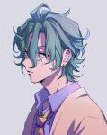  1boy adam&#039;s_apple blue_hair blue_shirt collared_shirt earrings from_argonavis from_side green_eyes green_hair grey_background hair_between_eyes hair_down highres himishiro jewelry looking_at_viewer male_focus messy_hair multicolored_hair necklace necktie nijou_kanata parted_lips portrait shirt sideways_glance simple_background solo streaked_hair striped_necktie sweater 