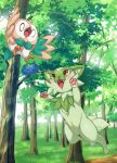  0_0 :3 ^^^ absurdres animal_focus berry_(pokemon) bird blurry blurry_background blush boingfarm commentary_request day dropping fangs flying forest full_body green_theme half-closed_eyes highres jumping korean_commentary looking_up nature navel no_humans open_mouth oran_berry outdoors pawpads pokemon pokemon_(creature) red_eyes rowlet scared sprigatito surprised tongue tree uvula white_eyes 