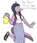  anthro bottomwear braided_hair bucket clothing container dialogue dinosaur english_text female footwear goodbye_volcano_high hair hi_res machacapigeon open_mouth purple_body purple_eyes purple_hair reptile rosemary_(gvh) sandals scalie sharp_teeth simple_background sketch skirt snoot_game_(fan_game) solo teeth text video_games white_background 
