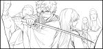  2boys aza_choubei aza_touma back-to-back bead_necklace beads braid cross_scar greyscale highres holding holding_sword holding_weapon jewelry jigokuraku katana long_hair monochrome multiple_boys necklace robe sakmoto_san scar scar_on_cheek scar_on_face short_hair side_braid spiked_hair sword two-handed weapon 