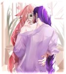  2girls bite_mark bite_mark_on_shoulder genshin_impact glaciel heart highres holding holding_phone long_hair multiple_girls off-shoulder_shirt off_shoulder phone pink_hair purple_hair raiden_shogun scratches selfie shirt yae_miko yuri 