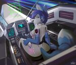  2022 anthro arwing blue_body blue_fur butt canid canine digital_media_(artwork) female fox fur headgear headphones headset hi_res hinget krystal looking_back mammal nintendo sitting solo space star_fox video_games white_body white_fur 