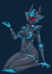  1girl absurdres android breasts character_request high_heels highres humanoid_robot joints kneeling large_breasts looking_at_viewer navel no_nipples red_eyes rj-dx robot robot_joints smirk thick_thighs thighs ultraman_decker_(series) 