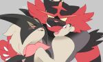  blush fangs green_fur grey_background hand_on_another&#039;s_cheek hand_on_another&#039;s_face incineroar looking_at_another mask meowscarada pink_eyes pokemon pokemon_(creature) red_fur smile upper_body vergolophus yellow_eyes 