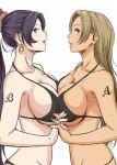  2girls anbj arm_tattoo bikini black_bikini black_hair blue_eyes breast_press breasts brown_eyes earrings eyelashes hair_ornament hair_scrunchie holding_hands idolmaster idolmaster_cinderella_girls interlocked_fingers jewelry large_breasts light_brown_hair long_hair matsunaga_ryo multiple_girls open_mouth ponytail scrunchie smile sugisaka_umi swimsuit symmetrical_docking tattoo very_long_hair 