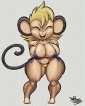  anthro big_breasts bikini blonde_hair breasts clothing eyes_closed female hair haplorhine hi_res huge_breasts huge_hips huge_thighs mammal monkey multicolored_body open_mouth primate solo swimwear tansau thick_thighs two_tone_body wide_hips 