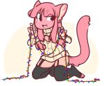  2016 anthro bangs biped black_clothing black_legwear black_thigh_highs cleavage_cutout clothed clothing digital_media_(artwork) felid feline female fur gui_(character) hair kneeling legwear long_hair looking_at_viewer mammal open_mouth pink_body pink_fur pink_hair simple_background solo string_lights sweater thigh_highs topwear zyira 