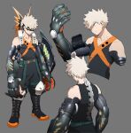  1boy abaraya arms_at_sides baggy_pants bakugou_katsuki bangs bare_shoulders belt black_footwear black_mask black_pants black_tank_top blonde_hair boku_no_hero_academia boots closed_mouth collarbone combat_boots container cropped_torso cyborg explosive eye_mask from_behind full_body glowing grenade grey_background headgear knee_boots knee_pads liquid looking_down male_focus mechanical_arms mechanical_spine multiple_views one_eye_covered orange_footwear oversized_limbs pants parted_lips prosthesis prosthetic_arm prosthetic_arm_removed red_eyes sanpaku science_fiction shiny simple_background sleeveless spiked_hair tank_top tube two-tone_footwear upper_body v-neck x 