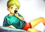  18arumik_4 1boy blonde_hair boxer_briefs bulge collarbone green_eyes green_shirt holding holding_phone looking_at_phone male_focus male_underwear orange_male_underwear original phone raised_eyebrows shirt short_hair short_sleeves sitting_sideways solo t-shirt thighs underwear 