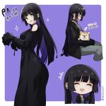  1girl animal_on_lap bangs black_dress black_hair blunt_bangs blush bocchi_the_rock! chibi choker closed_eyes closed_mouth colored_inner_hair dark_hound_3 dog dress gothic highres hime_cut long_hair looking_at_viewer multicolored_hair on_lap open_mouth pa-san piercing purple_hair sleeves_past_wrists smile solo sparkle 