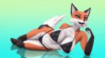  16:9 2022 3d_(artwork) 4k 5_fingers absurd_res alice_(gold97fox) anthro black_bra black_clothing black_nose black_panties black_underwear blue_eyes bra candy canid canine chest_tuft clothing dessert digital_media_(artwork) female fingers food fox fur gloves_(marking) gold97fox hi_res leg_markings licking lollipop looking_at_viewer lying mammal markings on_side open_mouth orange_body orange_fur panties red_fox reflection simple_background socks_(marking) solo source_filmmaker tongue tongue_out tuft underwear white_body white_fur widescreen 