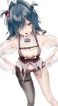  1girl angry bangs belt blue_hair breasts cleavage commentary cropped_shirt hair_ornament hair_over_one_eye harui_(hr_x9_) highres legwear_garter looking_at_viewer medium_hair mole mole_under_eye navel open_mouth original red_eyes short_shorts shorts shrug_(clothing) simple_background single_fishnet_legwear single_leg_pantyhose symbol-only_commentary 