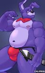  2022 anthro areola belly biceps body_hair bonnie_(fnaf) bow_tie bulge churrosolixoso clothing digital_media_(artwork) eyebrows five_nights_at_freddy&#039;s fur guitar happy_trail hi_res jockstrap lagomorph leporid male mammal mostly_nude musclegut muscular muscular_anthro muscular_male muscular_thighs musical_instrument navel nipples pecs plucked_string_instrument pubes purple_body purple_fur rabbit scottgames solo string_instrument thick_thighs underwear video_games 