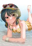  1girl barefoot beeftanizoko bikini blush bracelet breasts cleavage collarbone eyewear_on_head feet_up green_eyes green_hair hand_on_own_cheek hand_on_own_face head_rest heart heart-shaped_eyewear highres idolmaster idolmaster_shiny_colors jewelry looking_at_viewer lying lying_on_water medium_breasts nanakusa_nichika on_stomach polka_dot polka_dot_bikini short_twintails solo sunglasses swimsuit twintails visor_cap wristband yellow_bikini 