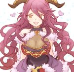  1girl arms_behind_back bangs bare_shoulders blush breasts cleavage dragalia_lost dragon dragon_girl dragon_horns ekra fang fur_trim hair_between_eyes heart horns large_breasts long_hair looking_at_viewer mature_female mym_(dragalia_lost) open_mouth red_hair simple_background smile solo upper_body yellow_eyes 