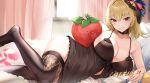  absurdres bangs bare_shoulders black_choker black_dress black_pantyhose black_thighhighs blonde_hair breasts choker doll dress hair_ornament highres indoors large_breasts looking_at_viewer mr.zhuo navel on_bed original pantyhose red_eyes revealing_clothes smile solo stomach thighhighs thighs underwear 