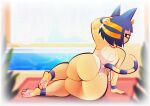  2022 3_toes animal_crossing ankha_(animal_crossing) anthro big_butt bottomless butt clothed clothing detailed_background domestic_cat feet felid feline felis female full-length_portrait hand_behind_head looking_at_viewer looking_back looking_back_at_viewer mammal nintendo pawpads portrait rear_view soles solo swimming_pool toes video_games xu53r yellow_body 