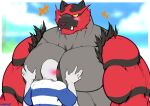  2022 anthro biped black_body black_fur blush daily-incineroar digital_media_(artwork) duo faceless_character faceless_human faceless_male fur generation_7_pokemon grey_body grey_fur hand_on_pecs head_between_pecs human incineroar larger_anthro larger_male male male/male mammal multicolored_body multicolored_fur muscular muscular_anthro muscular_male nintendo pokemon pokemon_(species) red_body red_fur size_difference smaller_human smaller_male video_games yellow_eyes 