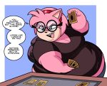  absurd_res accessory amy_rose anthro backpack braces breasts card card_game chubby_cheeks clothed clothing dialogue double_chin eulipotyphlan eyewear female fur gaming glasses hair hair_accessory hairband hedgehog hi_res mammal nerd obese obese_anthro obese_female overweight overweight_anthro overweight_female pink_body round_glasses sega solo sonic_the_hedgehog_(series) speech_bubble superspoe 