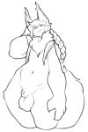  alwaysfaceleft animal_genitalia anthro balls black_and_white braided_hair braided_ponytail chest_tuft fully_sheathed genitals hair hi_res looking_at_viewer male mammal monochrome navel penis sheath sketch solo thick_thighs tuft wide_hips 