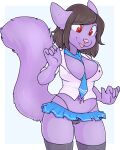  2016 5_fingers anthro biped black_clothing black_legwear black_panties black_thigh_highs black_underwear blue_background blue_bottomwear blue_clothing blue_necktie blue_skirt border bottomwear breasts cleavage clothed clothing digital_media_(artwork) dress_shirt felid feline female fingers fur hair legwear mammal miniskirt necktie open_clothing open_mouth open_shirt open_topwear panties pink_nose portrait purple_body purple_fur red_eyes shaded shirt simple_background skirt solo standing thigh_highs three-quarter_portrait topwear underwear white_border white_clothing white_shirt white_topwear zyira 