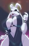  absurd_res anthro asriel_dreemurr asriel_dreemurr_(god_form) big_breasts black_sclera boss_monster bovid breasts caprine clothed clothing crossgender dress female floppy_ears fur goat harness hi_res horn long_ears low-angle_view mammal mtf_crossgender nipples open_mouth plunging_neckline snappygrey solo undertale undertale_(series) video_games white_body white_eyes white_fur 