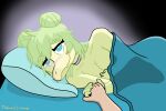 anthro bed bed_sheet bedding blue_eyes choker dinosaur female furniture goodbye_volcano_high green_body green_hair hair half-closed_eyes hand_holding hi_res jewelry long_snout looking_at_viewer lying narrowed_eyes necklace nude on_side ornithischian reptile scalie snoot_game_(fan_game) snout solo stegosaurian stegosaurus stella_(gvh) thyreophoran unknown_artist video_games 