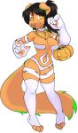  2016 alpha_channel amber_eyes anthro biped black_hair breasts candy_bucket canid canine claws digital_media_(artwork) female finger_claws folded_ears full-length_portrait fur hair halloween hi_res hindpaw holidays looking_at_viewer mammal orange_body orange_fur paws pink_nose ponytail portrait shaded simple_background solo toe_claws transparent_background zyira 