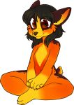  2016 5_fingers alpha_channel anthro barefoot biped black_hair brown_eyes canid canine claws digital_media_(artwork) feet finger_claws fingers fur hair hindpaw mammal navel notched_ear nude orange_body orange_fur paws shaded simple_background sitting solo toe_claws transparent_background yellow_body yellow_fur zyira 