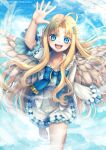  1girl ahoge angel_wings barefoot bird_wings blonde_hair blue_bow blue_eyes bow child collarbone dress feathered_wings feathers female_child firo_(tate_no_yuusha_no_nariagari) flat_chest frilled_dress frilled_sleeves frills hair_ornament highres long_hair long_sleeves okotte-neko open_mouth smile solo straight_hair tate_no_yuusha_no_nariagari teeth white_dress white_feathers white_wings wide_sleeves wings 
