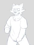  absurd_res anthro bottomless clothed clothing covering covering_crotch embarrassed felid feline fist hi_res male mammal mrjosh47 open_mouth shirt_pulled_down solo topwear topwear_only tuft vita_(mrjosh47) worried 
