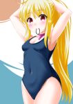 1girl armpits arms_up bare_arms bare_shoulders blonde_hair blue_one-piece_swimsuit bocchi_the_rock! breasts cleavage closed_mouth collarbone commentary_request covered_navel cowboy_shot groin hair_tie_in_mouth highres ijichi_nijika kaze_makase long_hair looking_at_viewer mouth_hold ponytail school_swimsuit small_breasts smile solo standing swimsuit tying_hair very_long_hair 