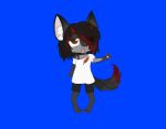  anthro black_hair broken_horn brown_eyes canid canine canis claws clothing collar cookie_(touhou) crybitur felid fur grey_body grey_fur hair hi_res horn hybrid male mammal nyon_(cookie) open_mouth red_hair red_horn simple_background smile solo suwyzid white_body white_fur wolf 