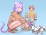  2girls :3 absurdres ahoge animal_collar animal_ear_fluff animal_ears bag bare_legs breast_press breasts brown_eyes brown_footwear brown_hair brown_hoodie cat_ears cat_girl cat_tail closed_mouth collar cucumbear073 dog_ears dog_girl dog_tail food highres hololive hood hoodie inugami_korone long_skirt long_sleeves medium_breasts medium_hair multiple_girls nekomata_okayu onigiri onigirya_(nekomata_okayu) purple_eyes purple_hair shopping shopping_bag simple_background skirt smile squatting tail virtual_youtuber 