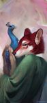  ambiguous_gender anthro avian beak bird black_nose canid canine canis clothed clothing deith_cared digital_media_(artwork) feathered_wings feathers female fur galliform hi_res mammal peafowl phasianid red_body red_fur red_wolf white_body white_fur wings wolf 