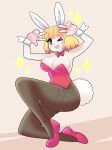 5_fingers absurd_res anthro big_breasts blonde_hair blush bow_tie breasts bunny_costume carrot_(one_piece) clothed clothing costume cuff_links digital_media_(artwork) eyelashes female fingers footwear fur gesture hair hi_res huge_breasts kneeling lagomorph legwear leotard leporid looking_at_viewer mammal minkmen_(one_piece) one_eye_closed one_piece onigiri_punch open_mouth open_smile pantyhose pink_bow_tie pink_clothing pink_footwear pink_leotard pink_shoes rabbit shoes simple_background smile solo sparkles tongue topwear white_body white_fur wink yellow_eyes 