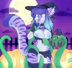  2016 anthro areola biped blue_areola blue_eyes blue_hair blue_nipples bottomwear breasts candy_bucket clothing cloud collar digital_media_(artwork) ear_piercing felid feline female fence genitals gradient_hair hair hat headgear headwear industrial_piercing jack-o&#039;-lantern legwear lily_(crystalscar) long_hair mammal moon nipples outside piercing pussy shaded sky solo star thigh_highs topwear torn_bottomwear torn_clothing torn_topwear vine_in_pussy vines witch_hat zyira 