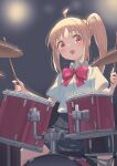  1girl bangs blonde_hair blue_skirt bocchi_the_rock! bow collared_shirt drum drum_set drumsticks holding ijichi_nijika instrument long_hair music open_mouth peroncho playing_instrument pleated_skirt red_bow red_eyes school_uniform shirt side_ponytail sidelocks sitting skirt smile solo sweatdrop white_shirt 