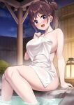  1girl :d arm_support bangs breasts brown_hair bush commentary_request fence hair_bun highres jewelry karaage_bou lantern large_breasts looking_at_viewer naked_towel necklace night nude onsen open_mouth original outdoors ponytail purple_eyes rock sidelocks sitting smile solo steam thighs towel wooden_fence 