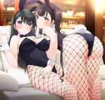  2girls animal_ears ass bangs bare_shoulders bent_over black_bow black_bowtie black_leotard black_nails blurry blurry_background blush bow bowtie breasts brown_eyes brown_hair closed_mouth commentary_request couch detached_collar fake_animal_ears fed_(giba) fishnet_pantyhose fishnets from_behind green_eyes green_hair green_nails hand_on_another&#039;s_back hand_on_another&#039;s_leg indoors large_breasts leotard long_hair looking_at_viewer looking_back multiple_girls nail_polish on_couch original pantyhose pillow playboy_bunny rabbit_ears rabbit_tail sitting small_breasts smile standing tail twintails wrist_cuffs 
