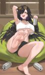  1girl armpits bangs barefoot bean_bag_chair black_choker black_hair black_jacket blush breasts can choker commentary commission english_commentary eyewear_on_head feet hair_over_one_eye highres holding holding_can hood_(james_x) jacket large_breasts leg_up long_sleeves looking_at_viewer one_eye_covered open_clothes open_jacket open_mouth original sera_(judgemint) smile soles solo thighs toes 
