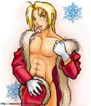  blonde_hair candy candy_cane edward_elric fullmetal_alchemist hat male male_focus muscle muscles no_nipples santa_costume santa_hat santa_suit 